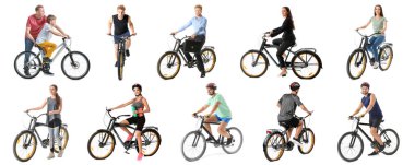 Beyaz arka planda bisiklet süren bir grup insan