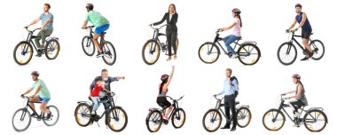 Beyaz arka planda bisikleti olan bir grup insan