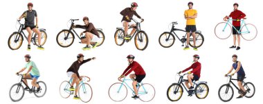 Beyaz arka planda bisikleti olan bir grup insan