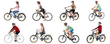 Beyaz arka planda bisiklet süren bir grup insan