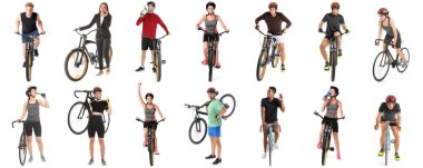 Beyaz arka planda bisikleti olan bir grup insan