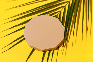 Sarı arka planda dekoratif sıva podyumu ve palmiye yaprağı