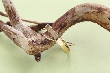 Yeşil arka planda altın bileziği olan ağaç dalları, yakın plan