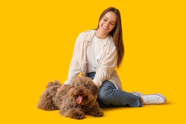 Kahverengi kaniş köpekli genç bir kadın turuncu arka planda oturuyor.