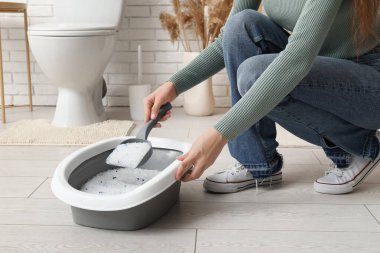 Tuvaletteki kedi için kepçe kepçesi temizleyen kadın.