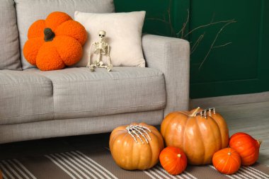 Cadılar Bayramı partisi için süslenmiş kanepe ve balkabaklarıyla şık bir oturma odası.