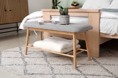 Yatak odasındaki yumuşak bankta dergisi olan kaktüs.