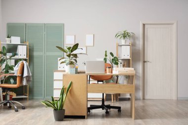 Modern dizüstü bilgisayarı ve farklı ev bitkileri olan şık bir ofis.