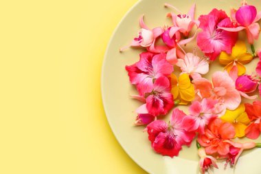 Sarı arka planda farklı güzel, yenilebilir çiçekli bir tabak.