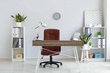 Ofisinde telefon, lamba ve sansevieria tesisleri bulunan modern işyeri