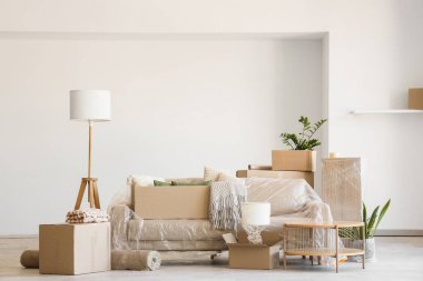 Karton kutularla kaplı kanepe ve taşınma günü odasındaki eşyalar.