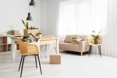 Taşınma gününde iş yeri, kanepe ve kutularla birlikte ofis içi