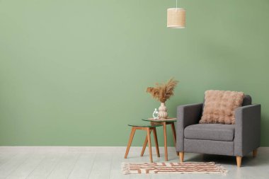 Koltuk, vazodaki otlar sehpanın üstünde ve yeşil duvarın yanında asılı duran lamba.