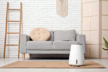 Oturma odasının içinde kanepe, merdiven ve hava nemlendiricisi var.