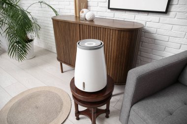 Oturma odasındaki masada hava nemlendirici var.