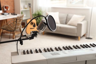 Kayıt stüdyosunda mikrofon ve sentezleyiciyle durun.