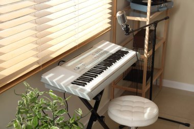 Kayıt stüdyosunda mikrofonu olan modern sentezleyici