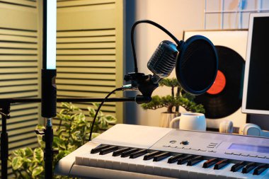 Karanlık kayıt stüdyosunda mikrofon ve sentezleyiciyle durun.