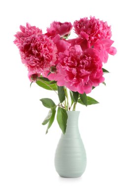 Beyaz arka plan üzerinde güzel Şakayık çiçekli vazo