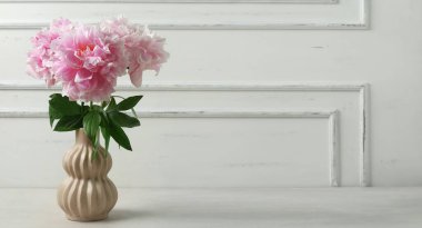 Beyaz arka plan üzerinde güzel Şakayık çiçekli vazo