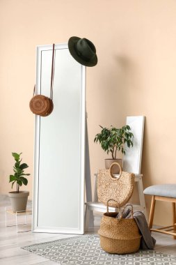 Oturma odasının içinde bej duvarın yanında bank, ayna, ev bitkileri ve aksesuarlar var.