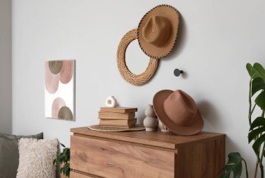 Oturma odasının içinde asılı ayna, ev bitkileri ve klozet gri duvarın yanında.