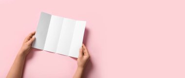 Pembe arkaplan üzerine boş broşür tutan eller metin için boşluk
