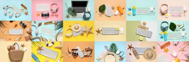 Renk arkaplanında bilgisayar ve plaj aksesuarları olan yaz koleksiyonu, üst görünüm