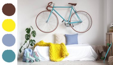 İçinde yatak, bisiklet ve spor aletleri olan hafif ergen odasının içi. Farklı renk desenleri