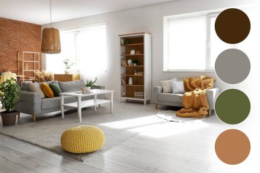 Gri koltukları, masası ve raf ünitesi olan stüdyo dairesi. Farklı renk desenleri