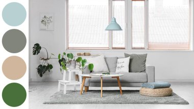 Gri kanepeli, masalı ve pencereli ışıklı oturma odasının içi. Farklı renk desenleri