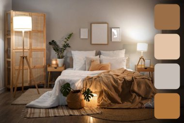 Geceleri yanan lambalar ve bitkilerle dolu rahat bir yatak odası. Farklı renk desenleri