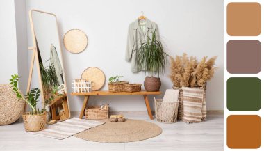 Hasır sepetli, ahşap banklı ve aynalı ışık koridorunun içi. Farklı renk desenleri