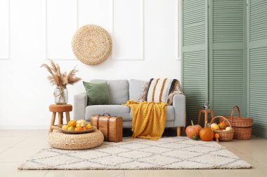 Gri kanepe, balkabağı ve battaniyeli oturma odasının içi.