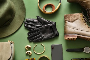 Farklı kadın aksesuarları ve yeşil arka planda ayakkabıları olan kompozisyon
