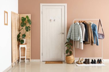 Elbise askısı, ev bitkileri ve anahtar tutacağı olan şık bir salonun içinde.