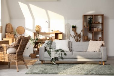 Gri kanepesi, raf ünitesi ve hasır koltuğu olan şık bir oturma odası.