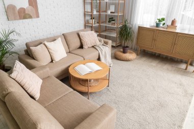 Gri kanepeleri, masası ve bitkileri olan modern oturma odasının içinde.