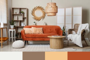 Kahverengi kanepesi ve şık aynası olan modern oturma odası. Farklı renk desenleri