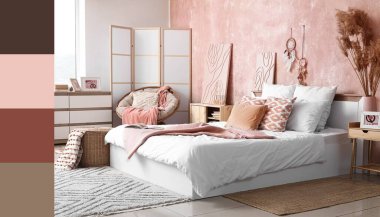 Süslü bir yatak odası ve grunge duvarının yanında rahat bir yatak odası. Farklı renk desenleri