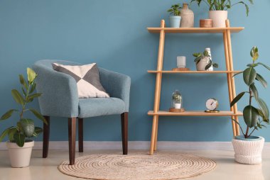 Rahat koltuk, raf ünitesi ve mavi duvarın yanındaki ev bitkisi.