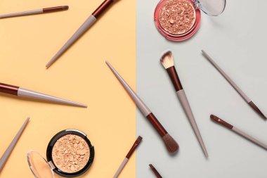 Renkli arka planda makyaj fırçaları ve farklı dekoratif kozmetikler