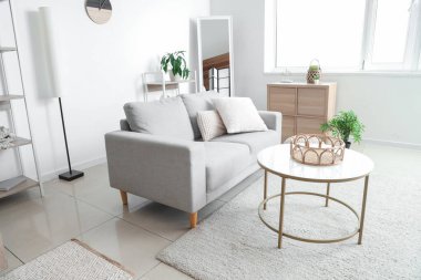 Gri kanepesi ve masası olan aydınlık oturma odasının içinde.