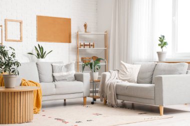 Gri kanepeler ve ev bitkileriyle aydınlık oturma odasının içinde.