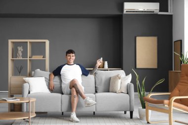 Kanepedeki genç adam evdeki klimayı açıyor.