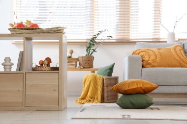 Sonbaharda oturma odasının iç kısımlarında halının üzerinde kanepe ve yastıklar.