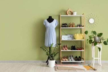 Manken, raf ünitesi ve bitkilerle dolu bir soyunma odası.