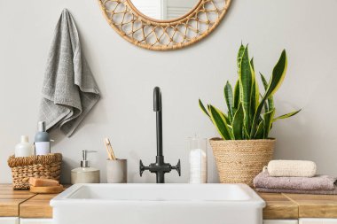 Banyo aksesuarları, lavabo ve saksı banyodaki masada.