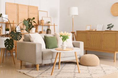 Gri kanepeli, aydınlık oturma odasının içi.,