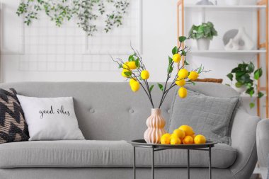 Sehpanın üzerinde vazoda limon dalları, kanepede ve oturma odasının iç kısmında koltuk.